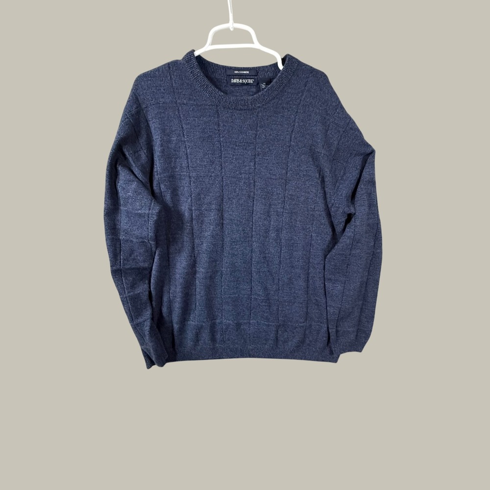 Davis & Squire Mens 100% Cashmere Crewneck Sweater Blue Windowpane Grid Knit XL
